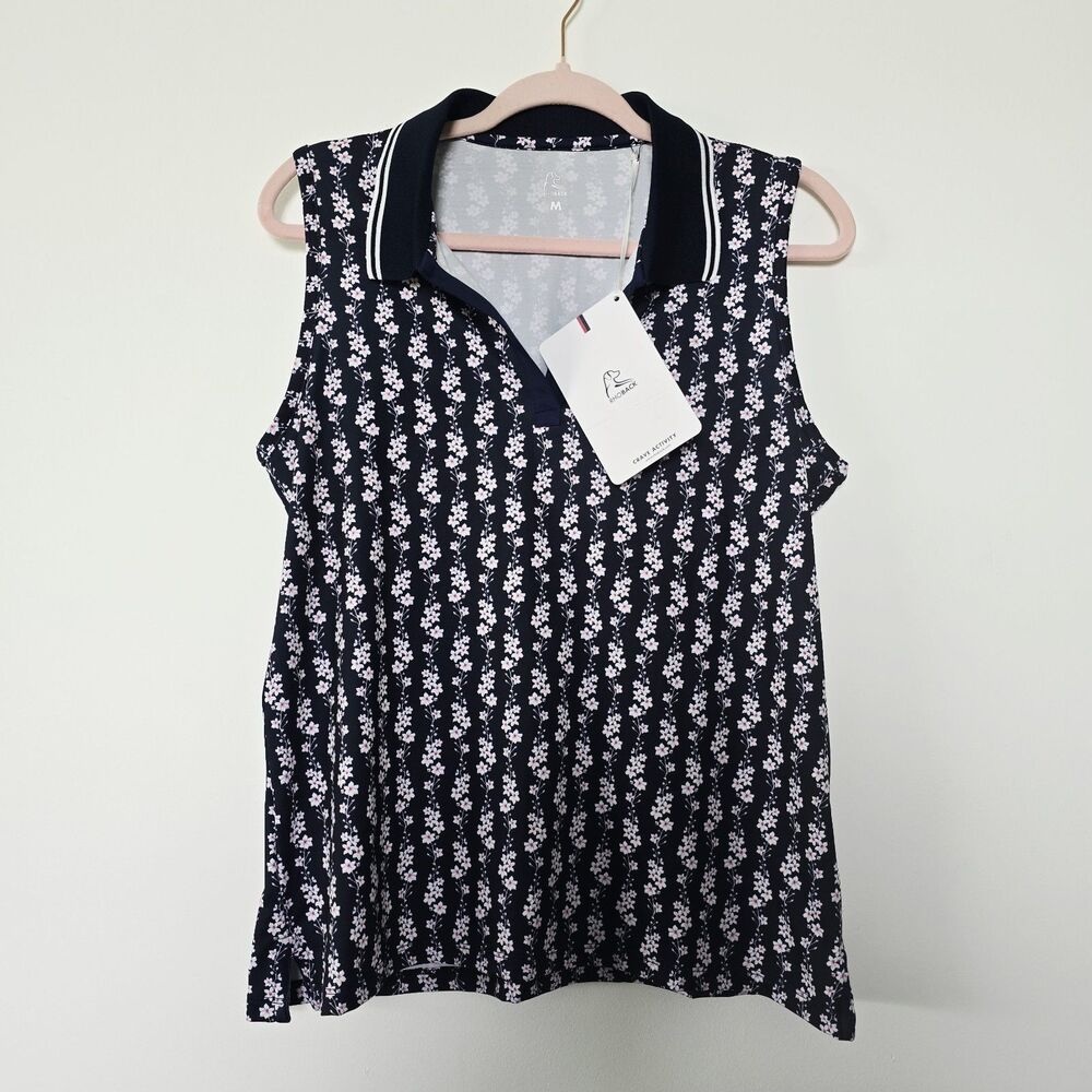 Rhoback The Brooke Sleeveless Performance Polo Women Sz M Blossom Bloom Navy New